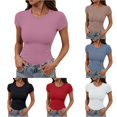 thumbnail image 1 of XAOFW Fashion Casual Slim Fit Short Sleeve Crew Neck T Shirt For Women Basic Stretchy Daily Wear Tees For Ladies Soft Top S, 1 of 4