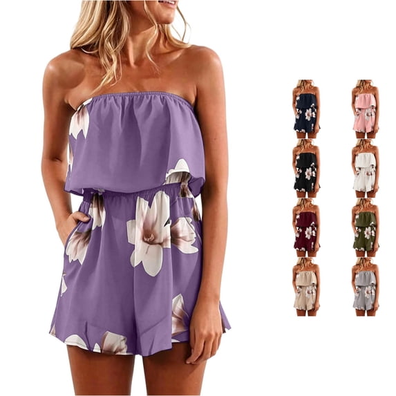 XAOFW Floral Print Strapless Ruffle Tube Jumpsuits For Women Sleeveless Elastic Drawstring Waist Pocket Casual Summer Beach Short Jumpsuit Trendy Tops XXXXXL