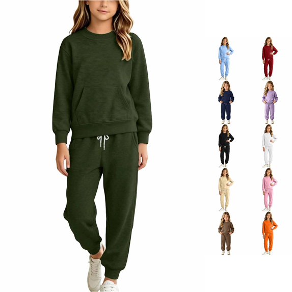 XAOFW Girl Outfits Long Sleeve Solid Color Sweatshirt Jogger Sweatpants Little Girls Fall Winter Cozy Clothes Sets 4-5 Years