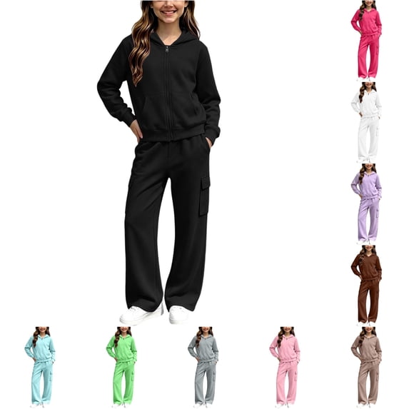 XAOFW Girl Outfits Long Sleeve Solid Color Zip Up Hoodies Sweatpants Kids Girls Fall Winter Cozy Tracksuit Sets 5-6 Years