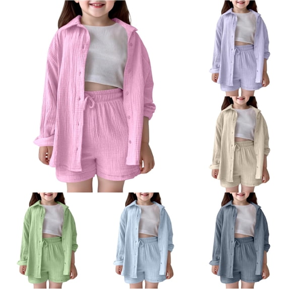 XAOFW Girl's Casual Summer Outfits Long Sleeve Shirts And Shorts Kids Toddler Girls Solid Color Loose Fit Sets For Daily Wear Breathable Clothing Sets 13-14 Years