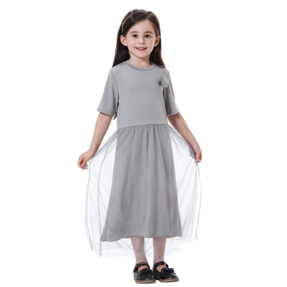 XAOFW Girl's Dresses Classic Solid Color Round Neck Short Sleeve Midi Dress Evening Party Elegant Breathable Sundress