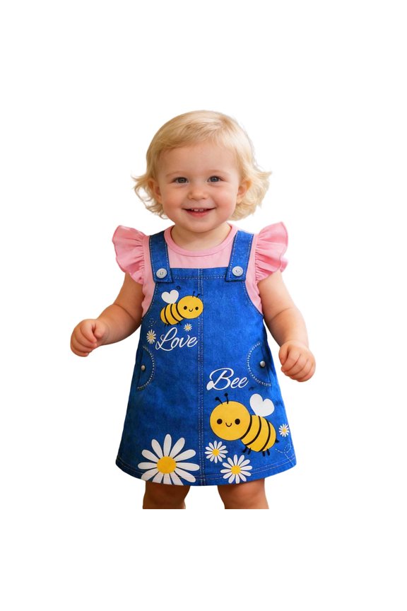 Girl's Dresses Flutter Sleeve Round Neck Cartoon Print Kids Cute Pinafore Dress Holiday Celebration Comfortable Cozy Baby