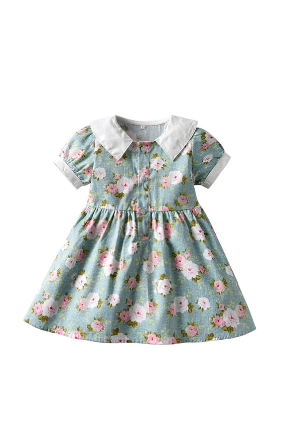 Girl's Dresses Short Sleeve Turn Down Collar Kids Floral Print Elegant Shirt Dress Party Night Stylish Versatile Infant Sundress