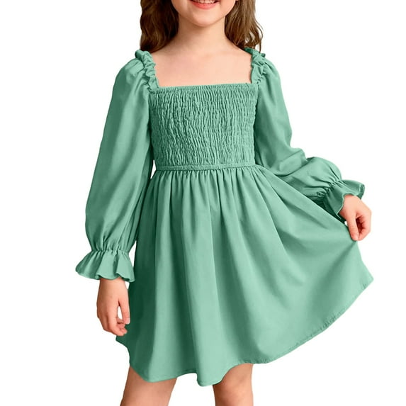 XAOFW Girl's Dresses Solid Color Long Sleeve Square Collar Kids Elegant Dress With Ruffled Hem Holiday Celebration Breathable Cozy Children Sundress