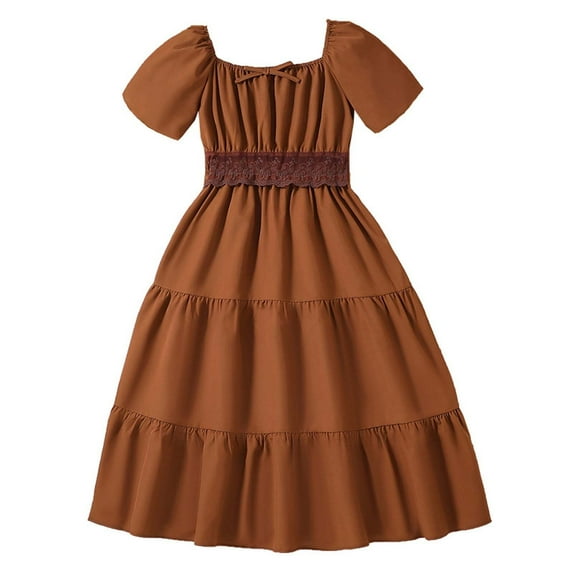 XAOFW Girl's Dresses Solid Color Puff Sleeve Square Collar Kids Flowy A Line Dress With Ruffled Hem Party Night Soft Comfortable Children Sundresses