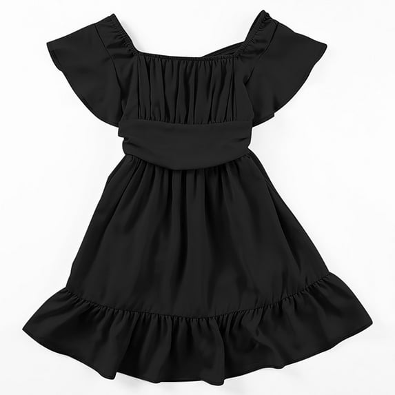 XAOFW Girl's Dresses Solid Color Short Sleeve Crewneck Dress Kids Classic Tie Back Dress Evening Party Soft Breathable Children Sundress