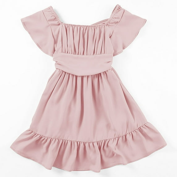 XAOFW Girl's Dresses Solid Color Short Sleeve Crewneck Dress Kids Classic Tie Back Dress Wedding Party Flowy Versatile Children