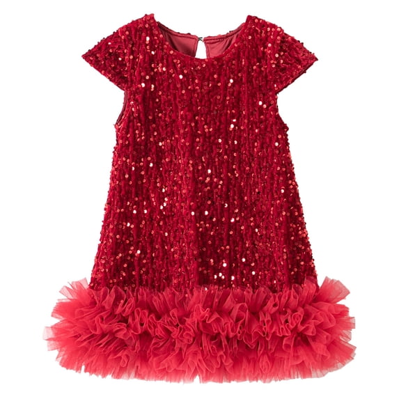 XAOFW Girl's Dresses Solid Color Short Sleeve Crewneck Kids Fashion Sparkly Sequin Dress Outdoor Activities Comfortable Cozy Children