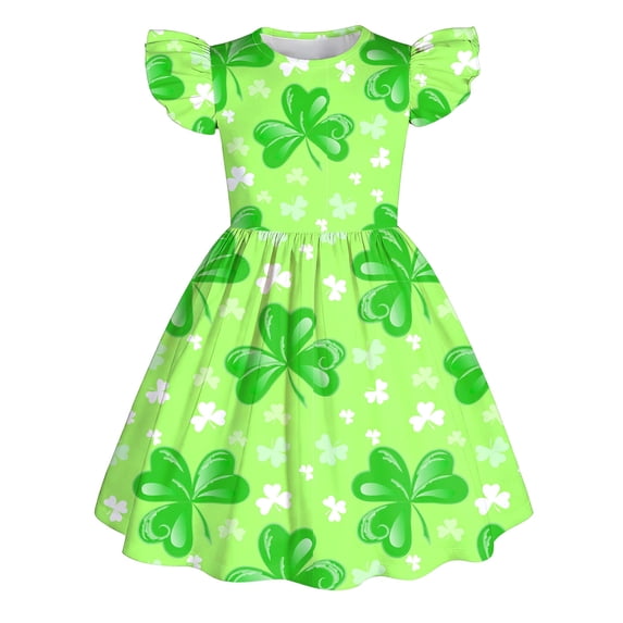 XAOFW Girl's Dresses St. Patrick's Day Flutter Sleeve Crewneck Leaves Print Kids Daily Wear Elegant A Line Dress Home Lounging Breathable Cozy