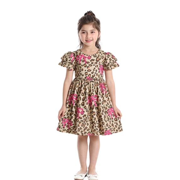 XAOFW Girl's Dresses Toddler Short Sleeve Crewneck Leopard Print Dress Dance Party Dresses Birthday Parties Versatile Cozy