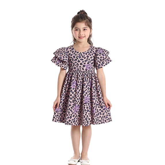 XAOFW Girl's Dresses Toddler Short Sleeve Crewneck Leopard Print Dress Dance Party Dresses Outdoor Activities Versatile Cozy
