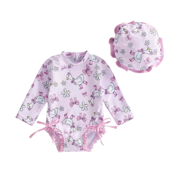 XAOFW Girl's One-Piece Swimsuits Cartoon Print Lone Sleeve With Swim Cap Swimwear Beach Pool Party Fashionable Cozy Bathing Suit