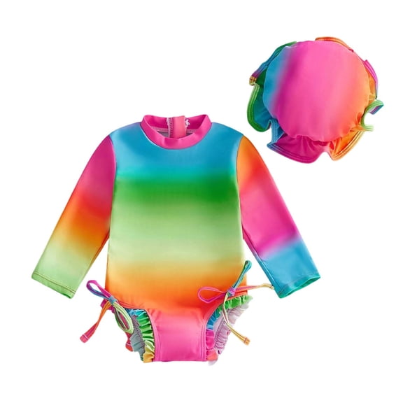 XAOFW Girl's One-Piece Swimsuits Cartoon Print Lone Sleeve With Swim Cap Swimwear Summer Beach Pool Soft Breathable Bathing Suit