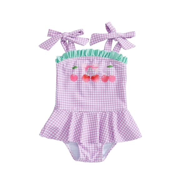 XAOFW Girl's One-Piece Swimsuits Cherry Print Sleeveless Square Collar Suspender Swimwear Summer Beach Pool Soft Breathable Swim Wear