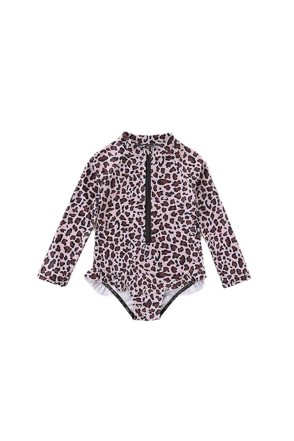 Girl's One-Piece Swimsuits Leopard Print Long Sleeve Crewneck Swimwear With Ruffle Hem And Zipper Swimming Pool And Beach Stylish Versatile Swim Wear