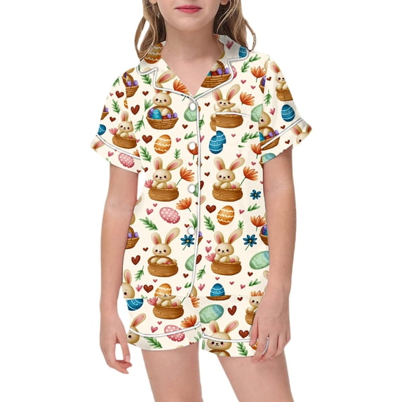XAOFW Girl's Outfit Sets Easter Short Sleeve Lapel Cute Bunny Print T Shirts And Shorts Kids 2 Piece Outfits Party Night Stylish Comfortable Toddler Clothing Sets