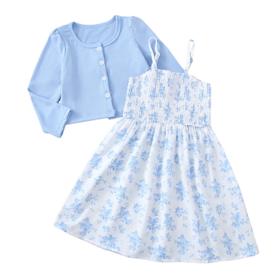 XAOFW Girl's Outfit Sets Long Sleeve Solid Color Ribbed Cardigan And Sleeveless Floral Printed Dress Kids Two Piece Outfits Holiday Vacation Versatile Cozy Children Clothes Sets