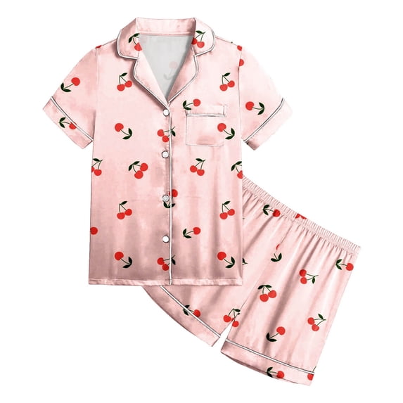 XAOFW Girl's Outfit Sets Short Sleeve Lapel Cherry Print Button Down Shirts And Shorts Kids Two Piece Home Wear Outfits Home Lounging Versatile Cozy Children Clothes Sets