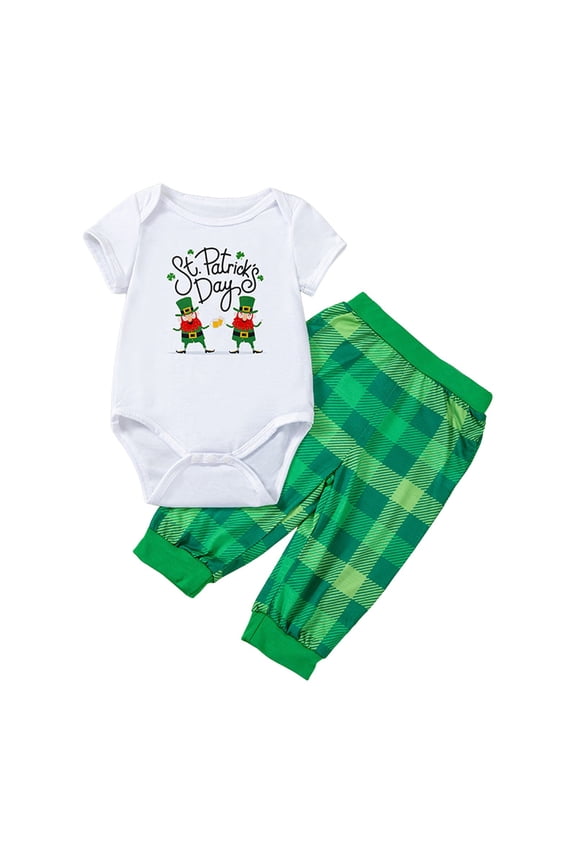 Girl's Outfit Sets St Patricks Day Print Short Sleeve Crewneck Romper And Plaid Pants Two Piece Outfits Club Party Trendy Cozy Clothes Sets