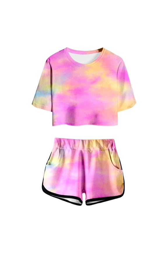 Girl's Outfit Sets Tie Dye Print Short Sleeve Round Neck Top And Shorts Comfortable Two Piece Outfits For Teens Juniors Holiday Party Cozy Clothing Sets