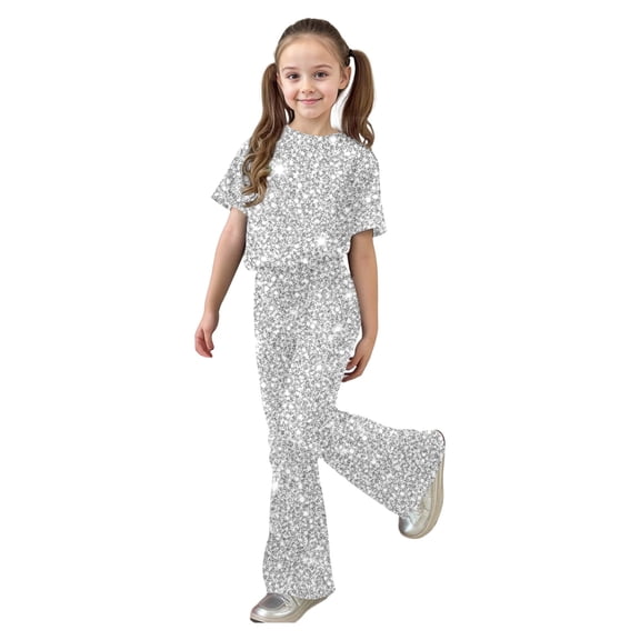 XAOFW Girl's Outfits Sets Carnival Glitter Sequins Short Sleeve Crew Neck T Shirts Top And Long Pants Two Piece Set Streetwear Casual Outfit Party Night Stylish Cozy Clothes Sets