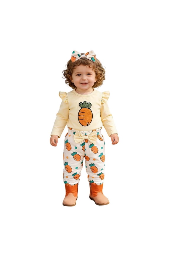 Girl's Outfits Sets Long Sleeve Easter Carrot Print Romper Pants Headbands 3Pcs Outfit Everyday Cute Set Holiday Vacation Stylish Cozy Clothing Sets