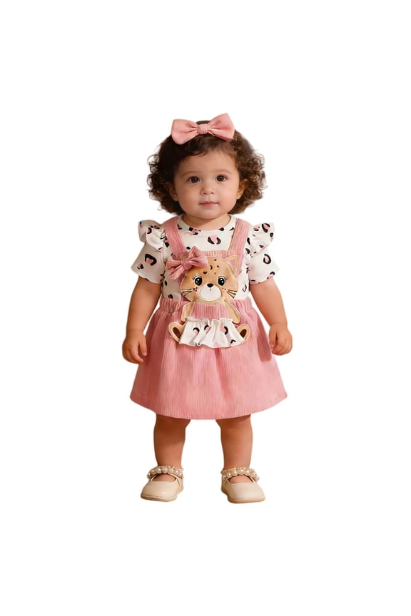 Girl's Outfits Sets Short Sleeve Crewneck Leopard Romper Cartoon Suspender Skirts Two Piece Outfit Streetwear Cute Set Holiday Vacation Stylish Cozy Clothing Sets