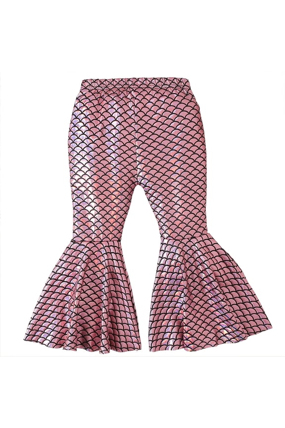 Girl's Pants Shiny Scale Print Elastic Waist Flared Pant With Ruffle Hem Lightweight Wide Leg Trousers Outdoor Activities Breathable Soft Slacks