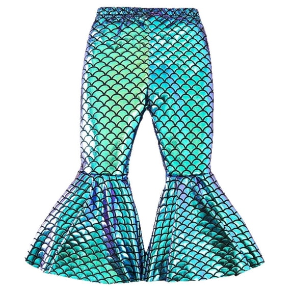 XAOFW Girl's Pants Shiny Scale Print Elastic Waist Flared Pant With Ruffle Hem Lightweight Wide Leg Trousers Party Night Comfortable Stylish Slacks