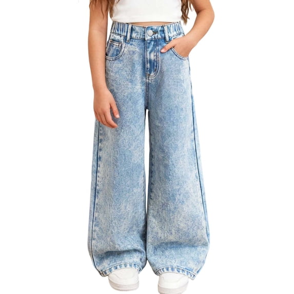 XAOFW Girl's Pants Solid Color High Waisted Kids Flared Denim Trousers Everyday Wear Loose Fit Wide Leg Jeans Party Night Stylish Comfortable Children Trouser