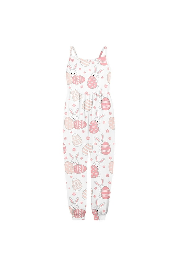 Girl's Rompers Easter Sleeveless Crewneck Cartoon Bunny Print Cute Spaghetti Strap Jumpsuit Home Lounging Breathable Soft Children One-Pieces