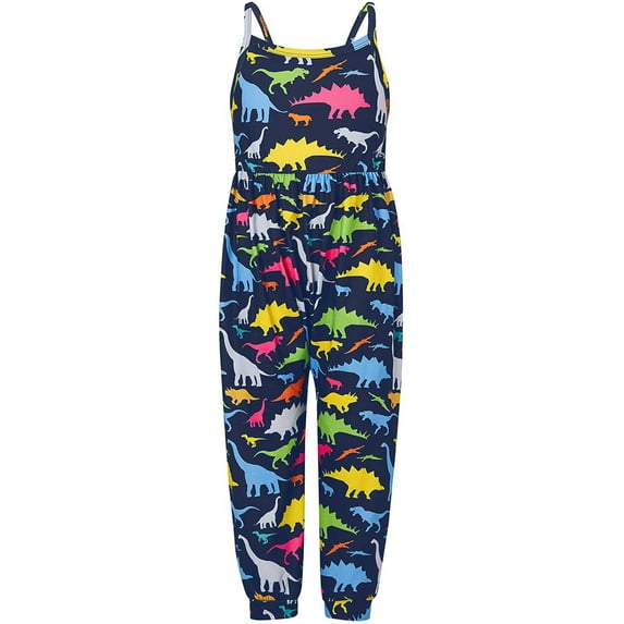 XAOFW Girl's Rompers Sleeveless Crewneck Cartoon Dinosaur Print Casual Spaghetti Strap Jumpsuit Holiday Vacation Comfortable Cozy Children One-Pieces