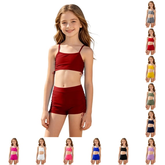 XAOFW Girl's Summer Swimsuit Sets Two Piece Swimwear For Girls Sleeveless Tankini Tops And Swimming Shorts Solid Color Outdoor Pools Versatile Swimwear Bottom 7-8 Years