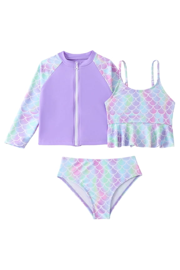Girl's Swimsuit Scale Pattern Long Sleeve Crew Neck Zip Up Jacket With Tank Top And Bottom 3 Piece Rash Guard Swimwear Tropical Swimming Surfing Soft Comfortable Bathing Suit
