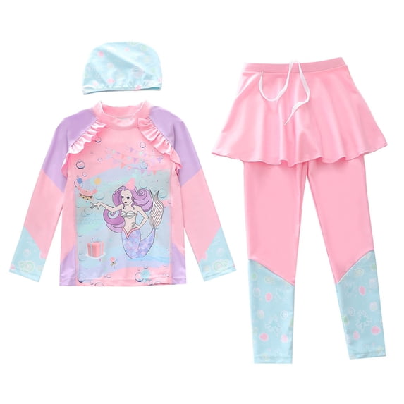 XAOFW Girl's Swimsuit Sets Cartoon Print Long Sleeve Rash Guard Top With Swim Pants And Hat 3 Piece Swimwear Beach Pool Party Fashionable Comfort Fit Beachwear