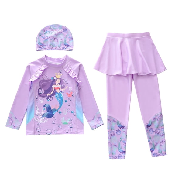 XAOFW Girl's Swimsuit Sets Cartoon Print Long Sleeve Rash Guard Top With Swim Pants And Hat 3 Piece Swimwear Club Party Comfortable Stylish Beachwear