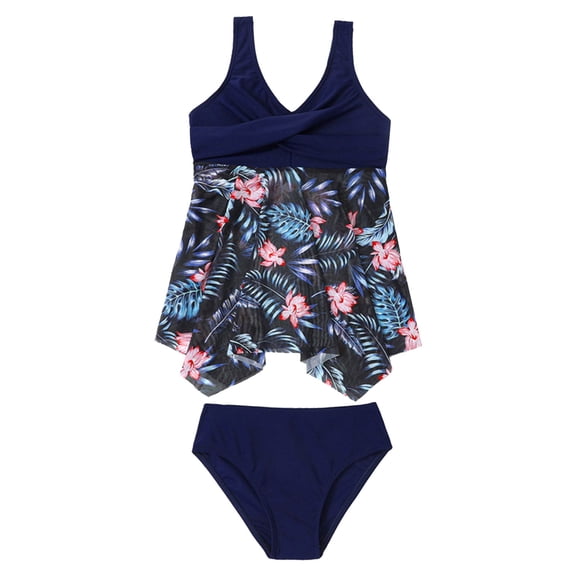 XAOFW Girl's Swimsuit Sets Floral Print Sleeveless V-Neck Mesh Skirt And High Elastic Bottom Tankini Swimsuit Two Piece Swimwear Summer Beach Pool Soft Breathable Bathing Suit