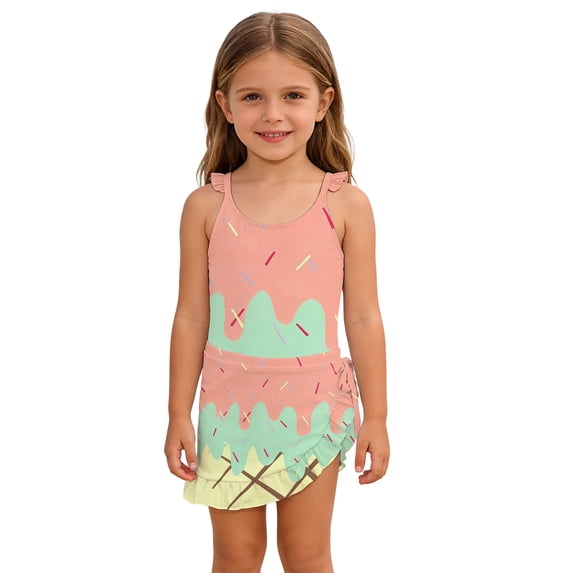 XAOFW Girl's Swimsuit Sets Ice Print Two Piece Swimwear With Cover Up Skirt Summer Outfit Water Sports Cozy Bathing Suit