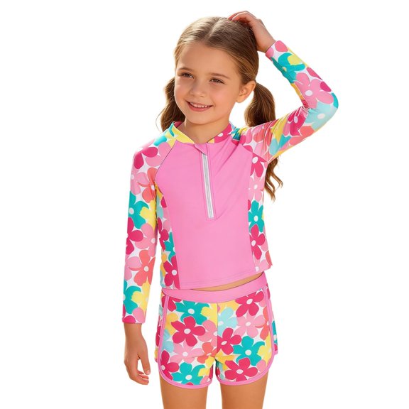 XAOFW Girl's Swimsuit Sets Long Sleeve Crewneck Floral Print Zip Up Swim Shirts And Shorts Kids Two Piece Swimwear Swimming Training Versatile Cozy Toddler Swim Wear