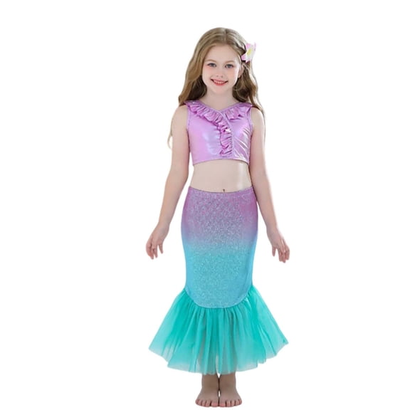 XAOFW Girl's Swimsuit Sets Sleeveless Crew Neck Top With Detachable Scale Print Bottom And Tail 3 Piece Swimwear Tropical Swimming Surfing Soft Comfortable Beachwear