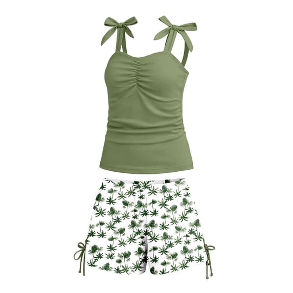 XAOFW Girl's Swimsuit Sets Sleeveless Crewneck Bowknot Tops And Floral Swim Shorts Tankini Swimsuits Kids 2 Piece Swimwear Swimming Pool Stylish Breathable Children Bathing Suit