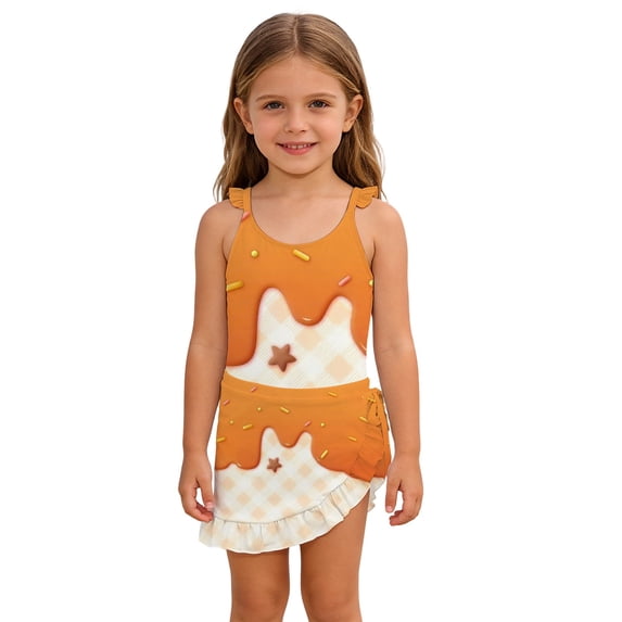 XAOFW Girl's Swimsuit Sets Two Piece Swimwear With Ice Print Ruffle Cover Up Skirt For Toddler Kids Water Sports Cozy Bathing Suit