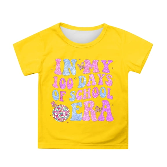 XAOFW Girl's T-Shirts 100 Days Of School Graphic Short Sleeve Crewneck T Shirt Playwear Casual Tee Shirt Holiday Vacation Soft Breathable Top