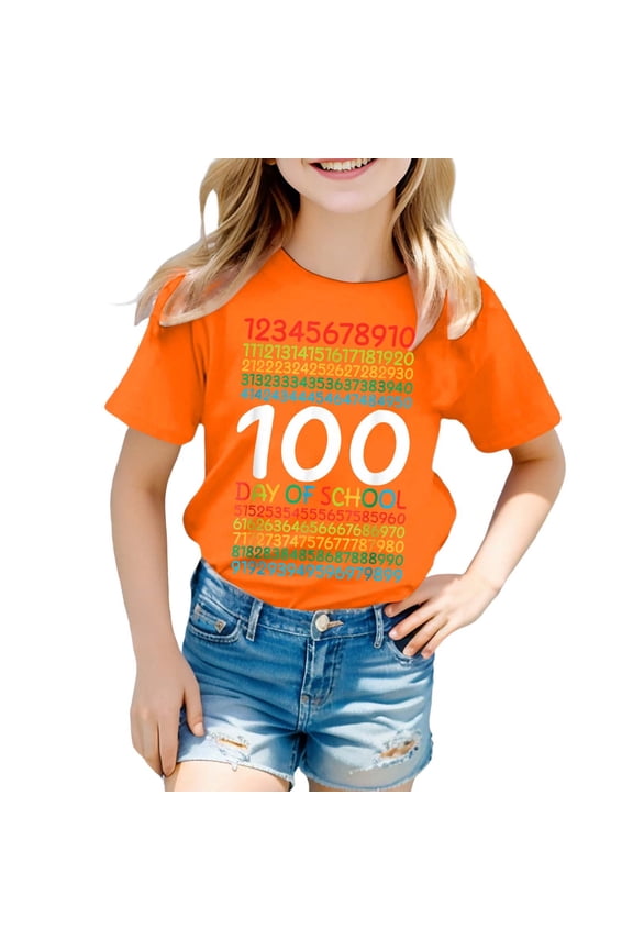 Girl's T-Shirts 100 Days Of School Print Short Sleeve Crewneck Tee Shirt Everyday Wear Casual T Shirt Holiday Vacation Soft Breathable Top