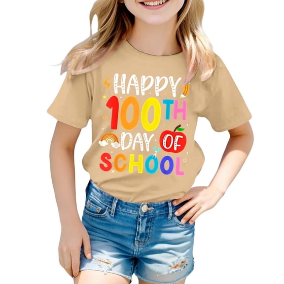 XAOFW Girl's T-Shirts 100 Days Of School Cartoon Print Short Sleeve Crewneck Tee Shirt Back To School Season Loose Fit T Shirt Club Party Soft Breathable Tops