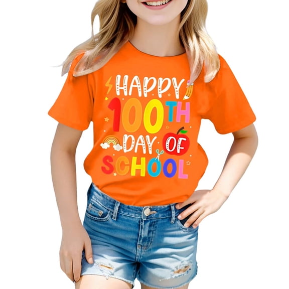XAOFW Girl's T-Shirts 100 Days Of School Cartoon Print Short Sleeve Crewneck Tee Shirt Back To School Season Loose Fit T Shirt Outdoor Activities Stylish Cozy Tops
