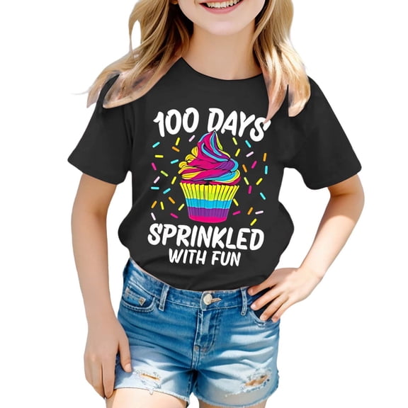 XAOFW Girl's T-Shirts 100 Days Of School Cartoon Print Short Sleeve Crewneck Tee Shirt Everyday Wear Fashionable T Shirt Holiday Vacation Soft Breathable Top
