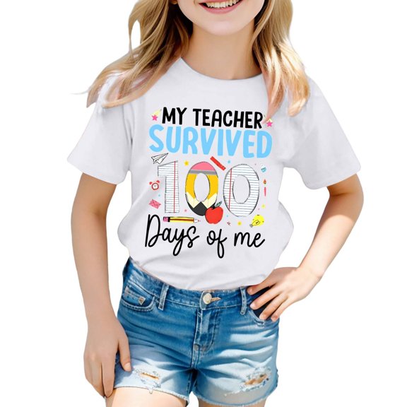 XAOFW Girl's T-Shirts 100 Days Of School Cartoon Print Short Sleeve Crewneck Tee Shirt Everyday Wear Relaxed Fit T Shirt Daily Lounging Comfortable Trendy Top