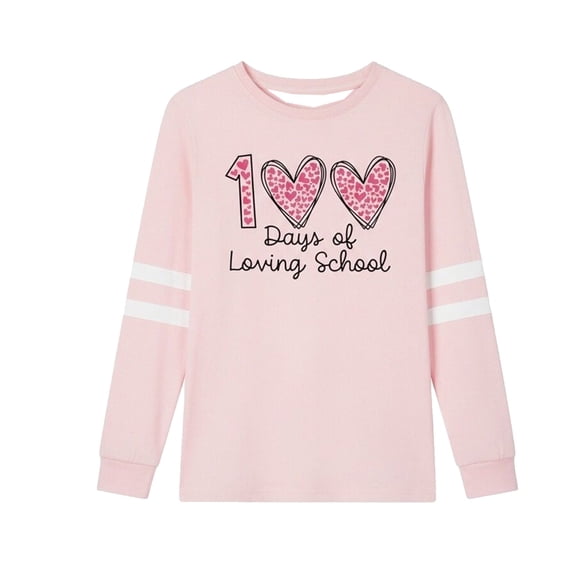 XAOFW Girl's T-Shirts 100 Days Of School Long Sleeve Crew Neck Heart Print Kids Casual T Shirt Everyday Wear Relaxed Fit Tee Shirt Outdoor Activities Soft Breathable Children Top